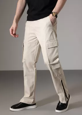 Cream Zipper Cargo Pant