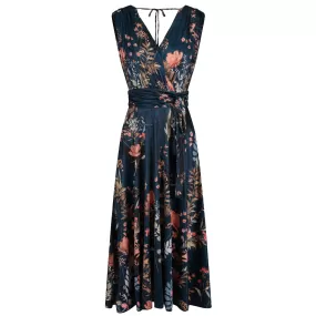 Dark Teal Floral V Neck Crossover Top Empire Waist Swing Dress