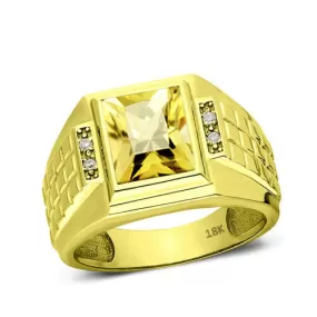 Men's Band Ring Comfort Fit Yellow Citrine and 4 Diamonds 18K Solid Gold