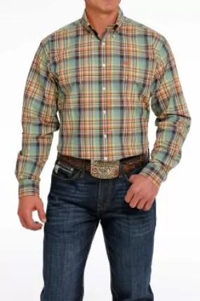 MEN'S CINCH PLAID BUTTON-DOWN WESTERN SHIRT - GREEN / ORANGE