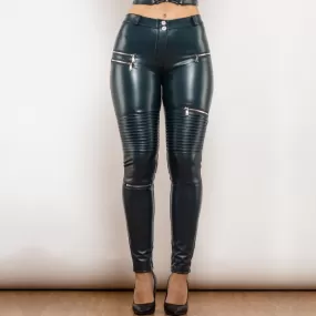 Middle Waist Blue Motor Leather Pants