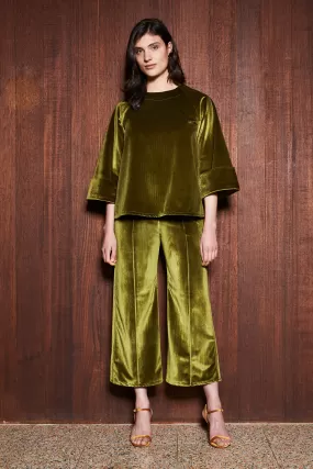 MOSS CULOTTES [ Green Chartreuse Velvet, Wide Leg Pants ]